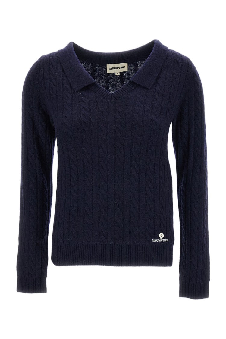 Shushu/Tong Blue V-Neck Chelsea Collar Cable Knit Wool-Lyocell Top