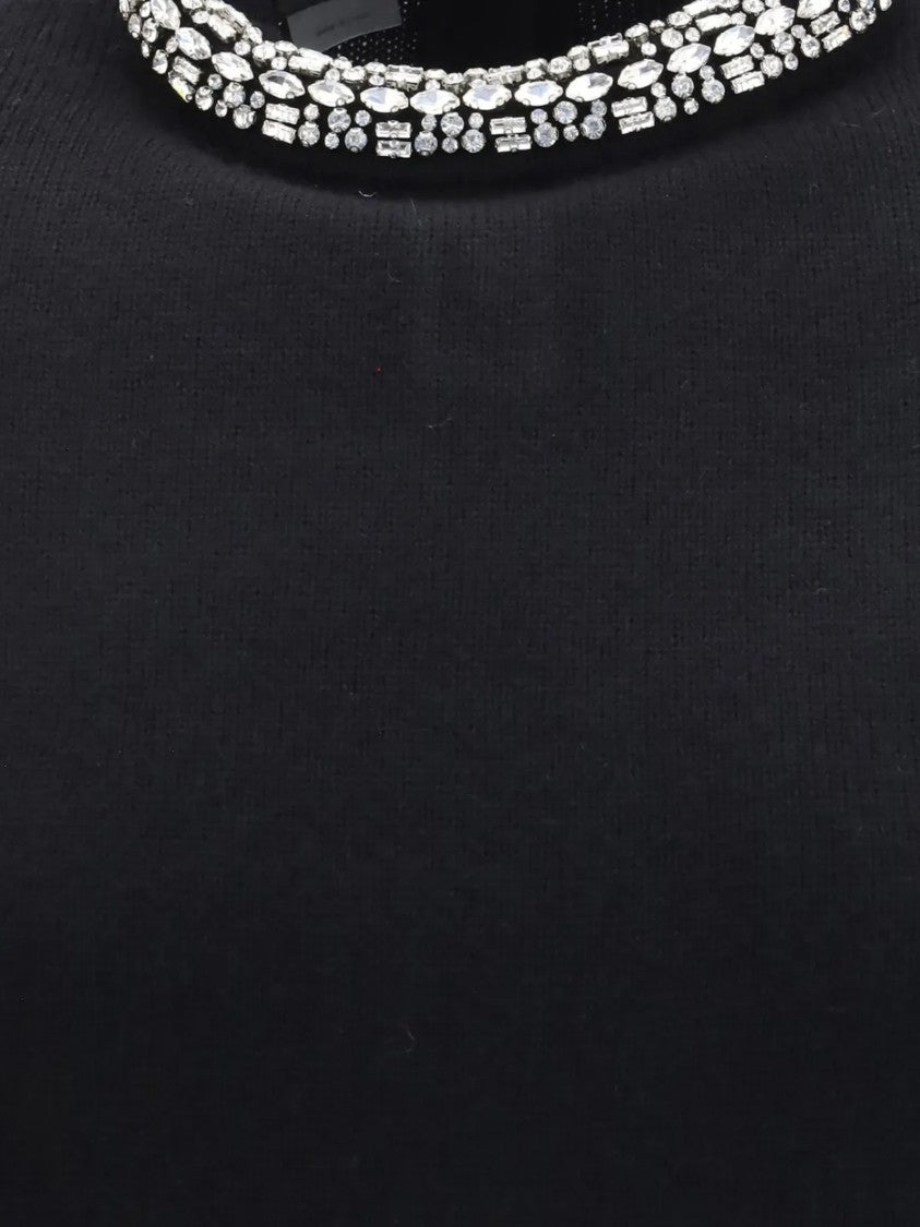 Pinko Black Cropped Wool Sweater With Embellished Neckline