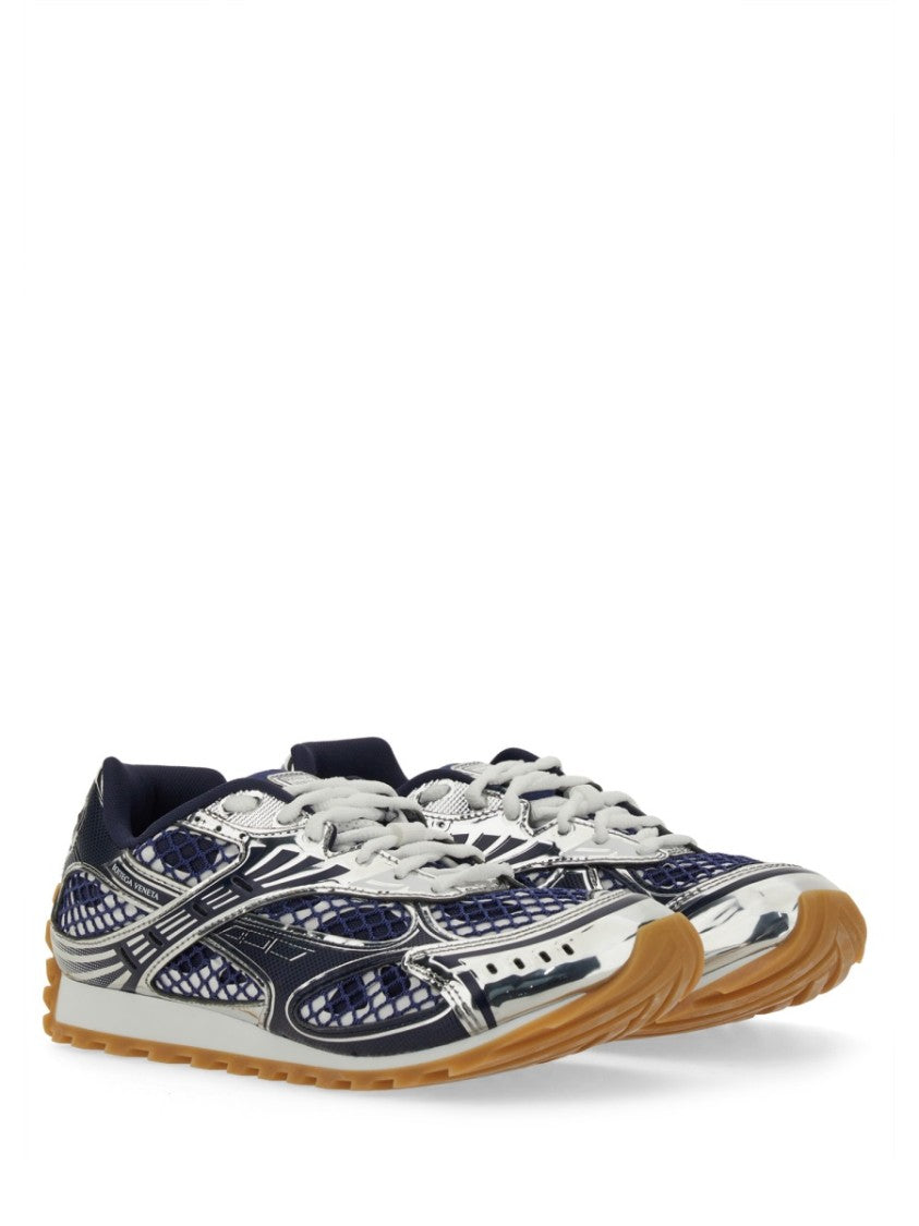 Bottega Veneta Futuristic Metallic Silver Sneakers With Navy Blue Mesh Accents