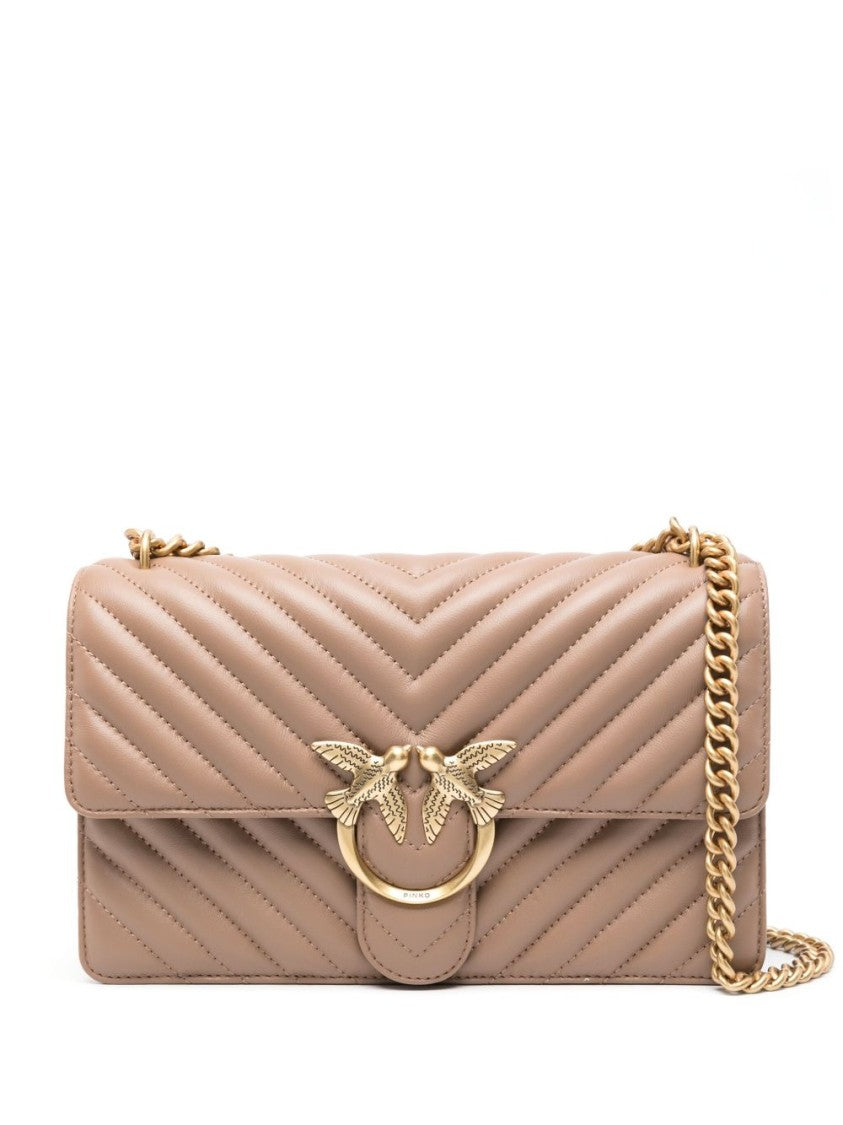 Pinko Chevron Quilted Beige Calf Leather Shoulder Bag
