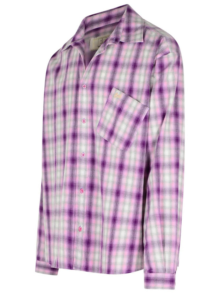 Erl Checkered Purple Cotton Shirt With Logo Patch