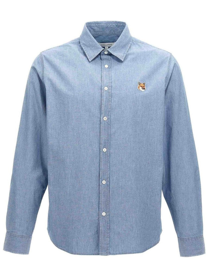 Maison Kitsuné Long-Sleeve Button-Up Shirt With Classic Collar And Embroidered Detail