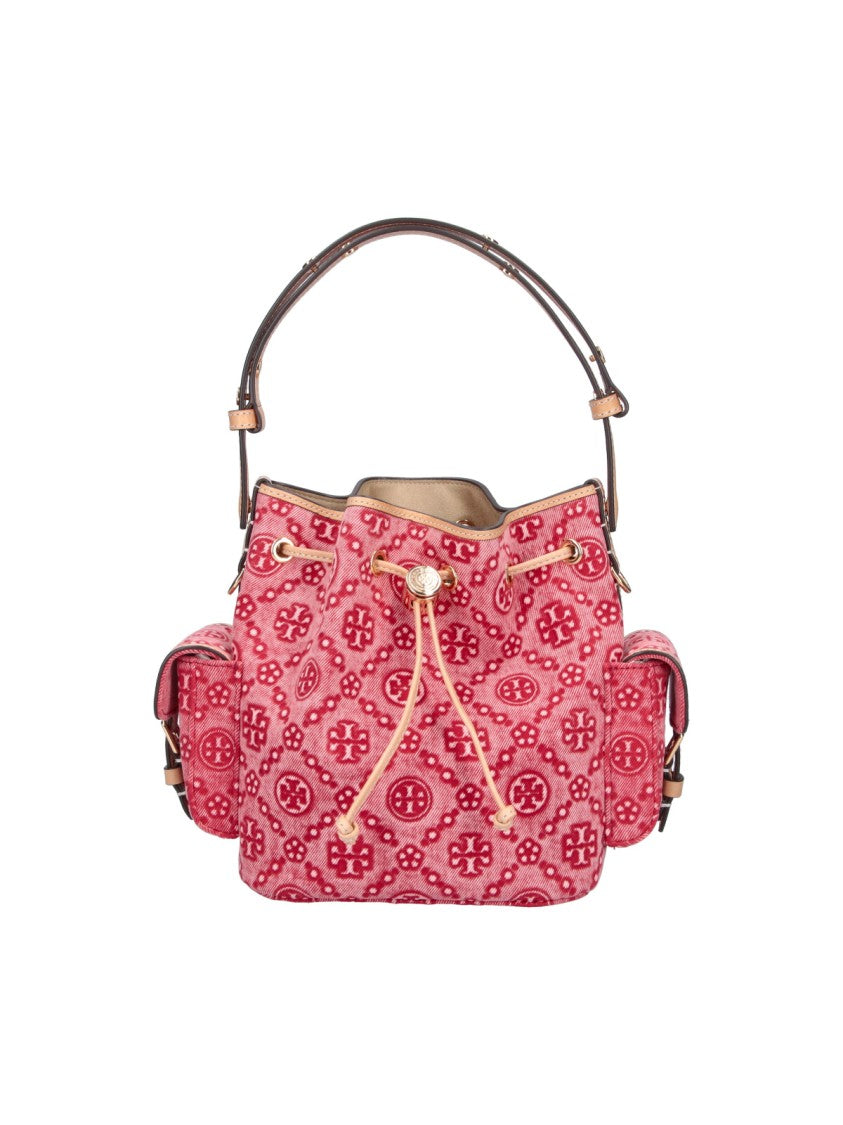 Tory Burch Red T Monogram Denim Bucket Bag