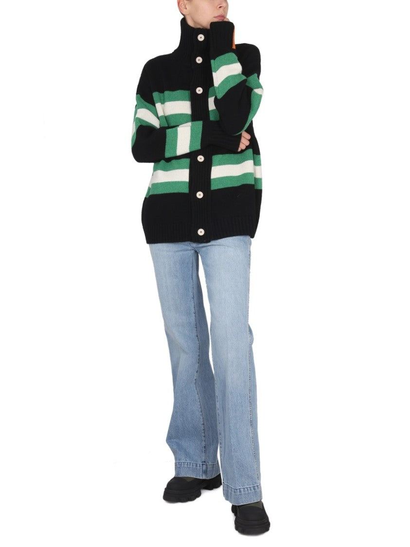 Right For High Neck Button Closure Striped Cardigan