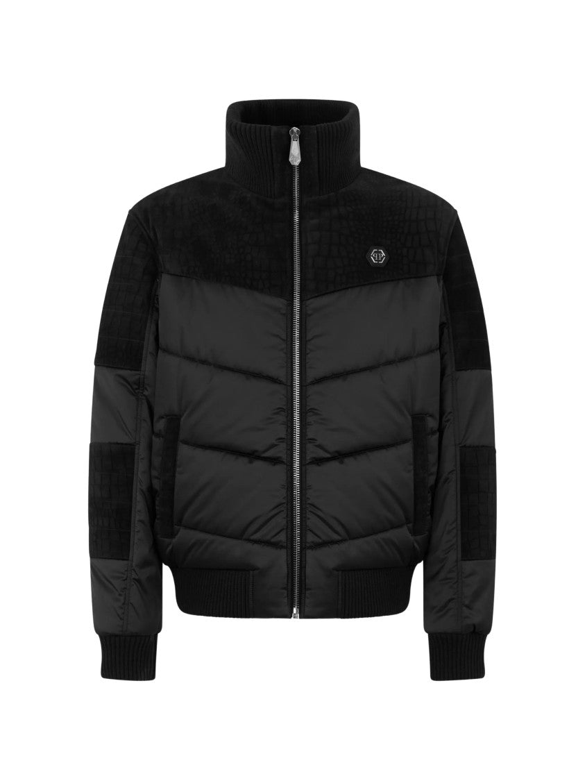 Philipp Plein Matte Nylon Puffer Jacket Textured Panel Canvas Down Jacket