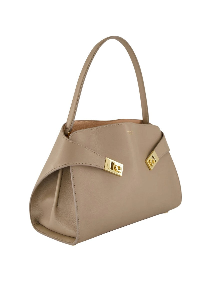 Salvatore Ferragamo Hug Sh S Structured Gold Accents Calf Leather Shoulder Bag