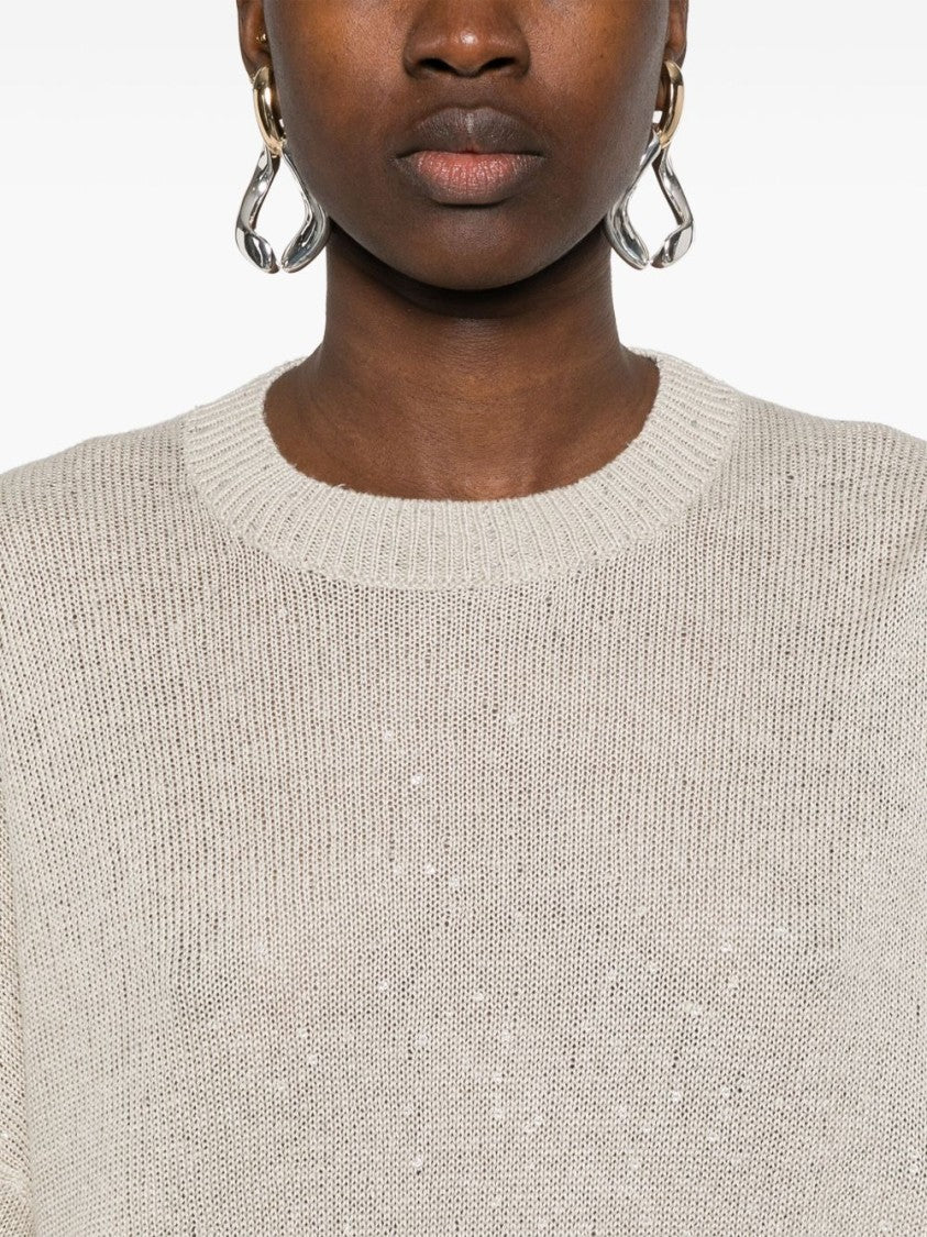 Brunello Cucinelli Beige All-Over Sequins Linen-Silk Sweater