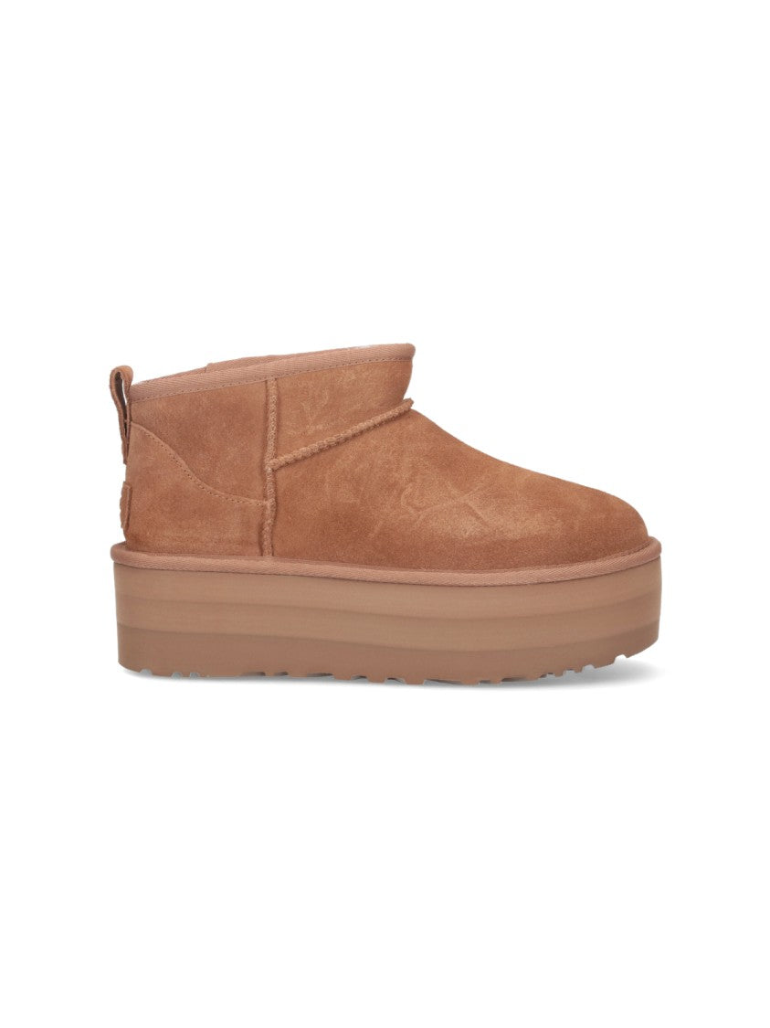 Ugg Beige Classic Ultra Mini Suede Shearling Platform Boots