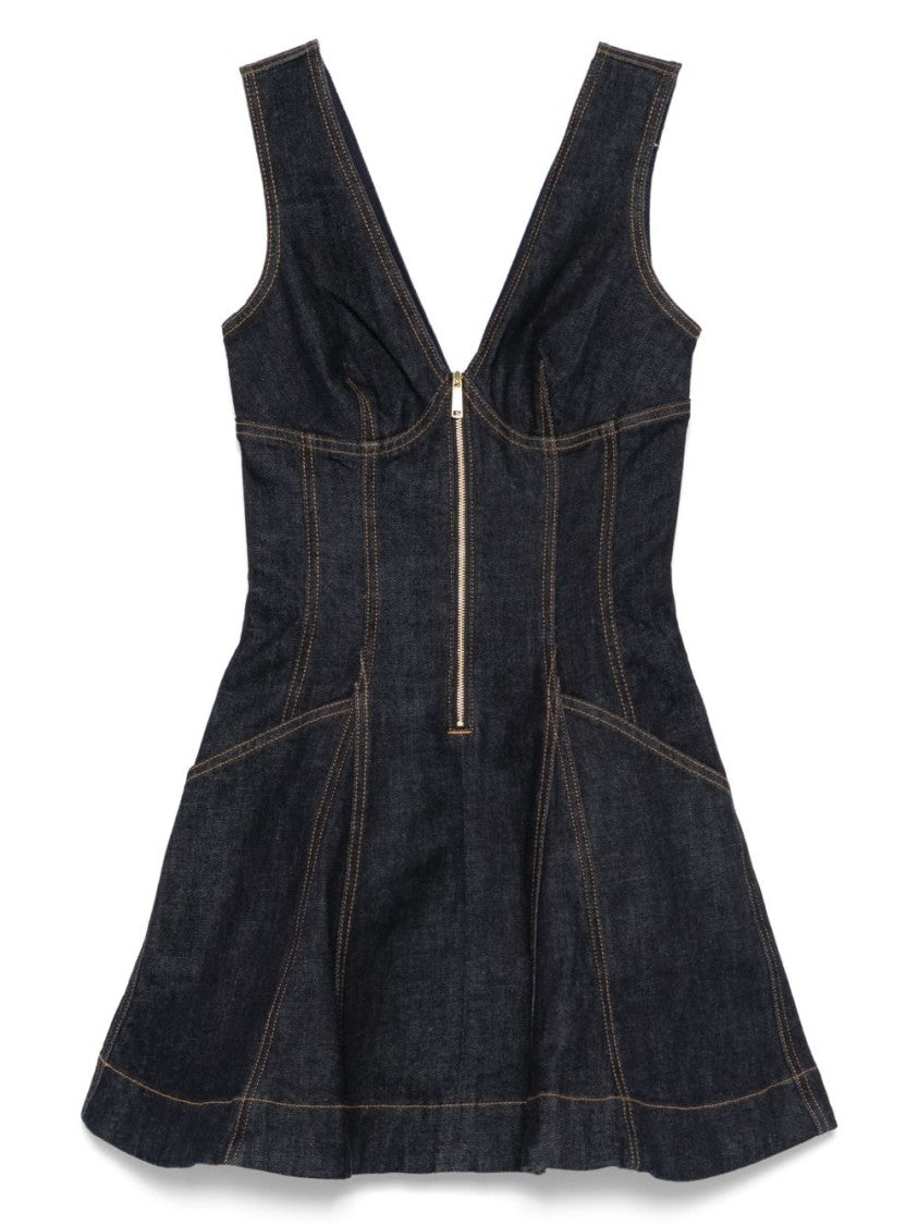 Self-Portrait Dark Denim Mini Dress With Deep V-Neckline