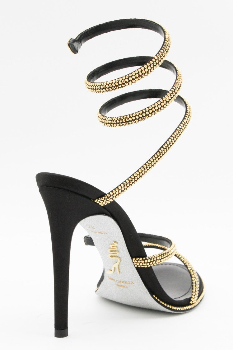 René Caovilla High-Heeled Black Sandals With Gold-Tone Studded Ankle Strap