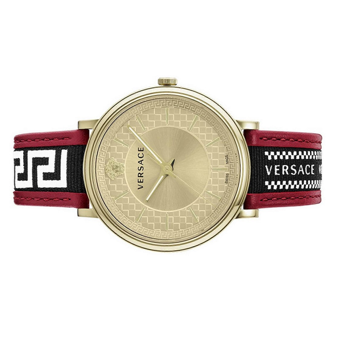Versace Gold-Tone V-Circle Watch With Textured Dial And Hybrid Strap