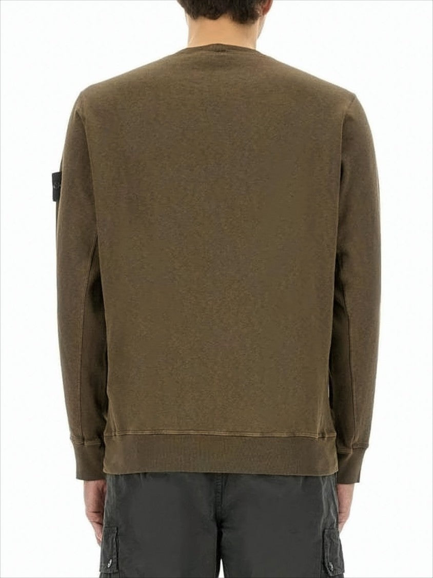 Stone Island Olive Green Long-Sleeve Sweatshirt With Ribbed Cuffs And Compass Patch
