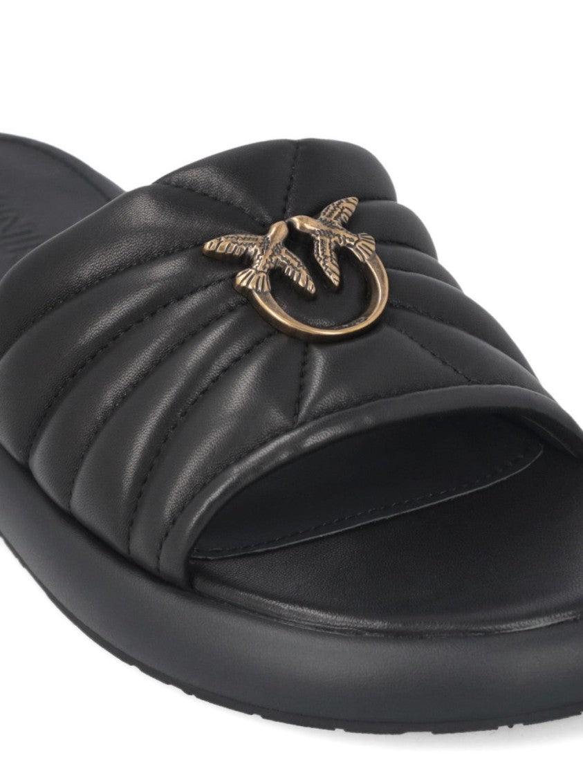 Pinko Black Quilted Logo Appliqué Sandals