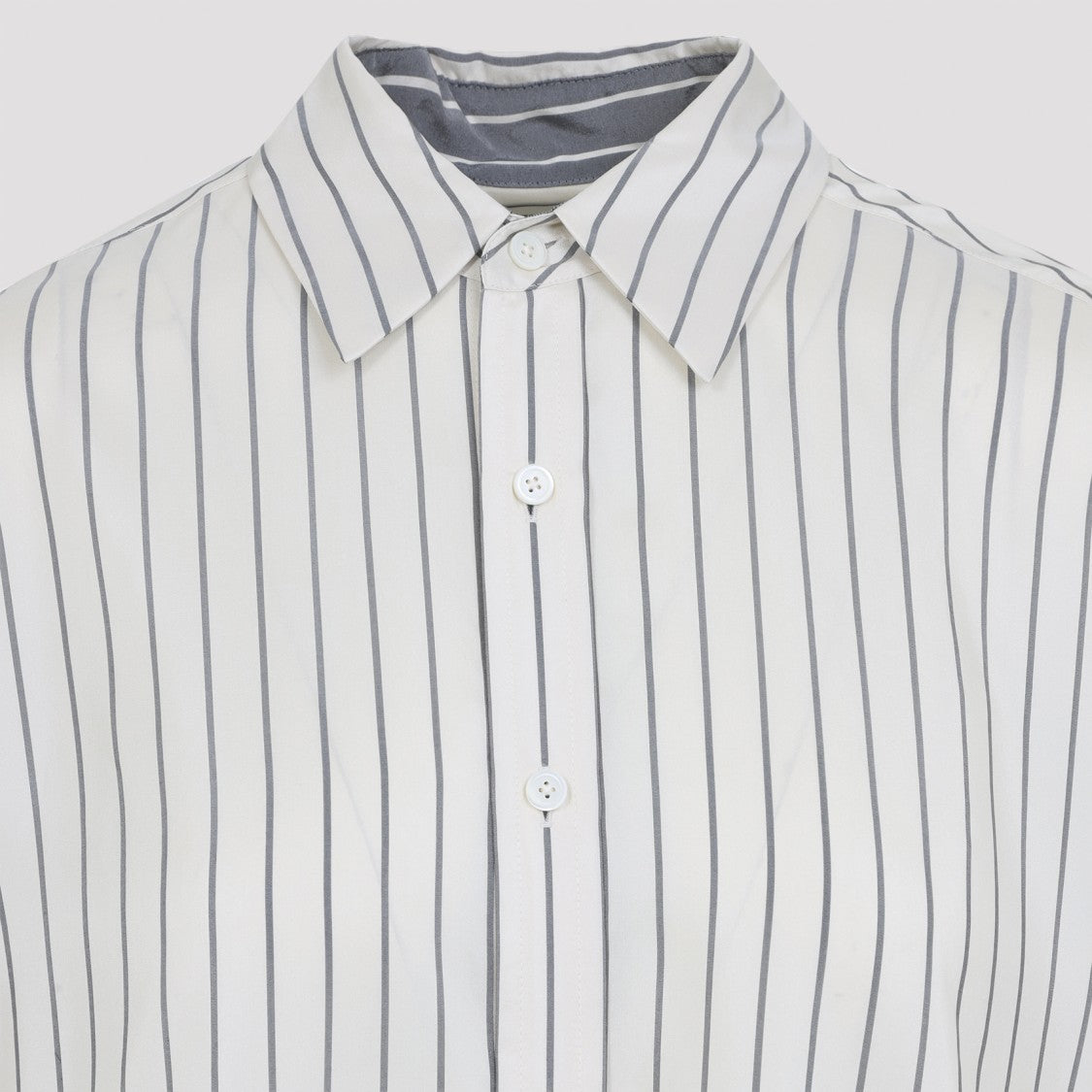 Carven Off-White Silk Shirt With Vertical Grey Stripes And Pointed Collar