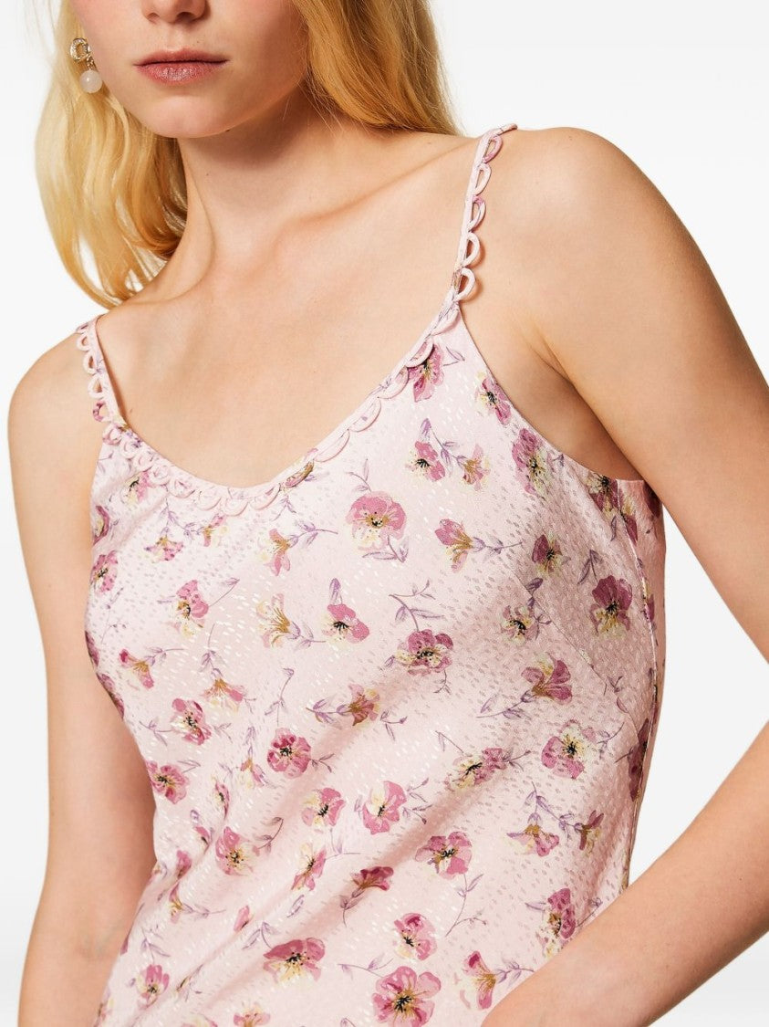 Twin-Set Flowing Pink Maxi Dress With Floral Pattern