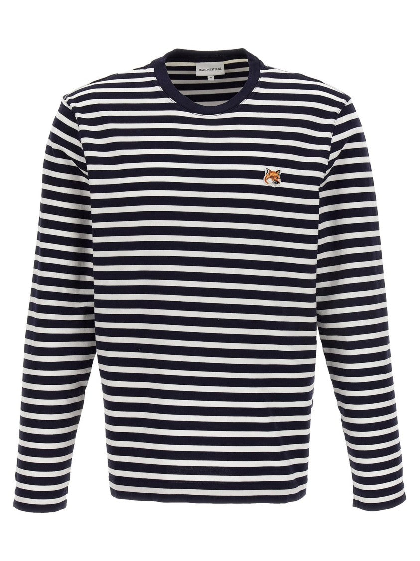 Maison Kitsuné Horizontal Striped Long-Sleeve T-Shirt With Embroidered Fox Emblem