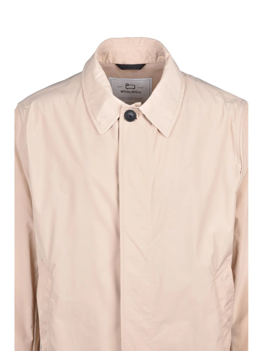 Woolrich Beige Polyester Overcoat With Classic Collar And Button Fastening