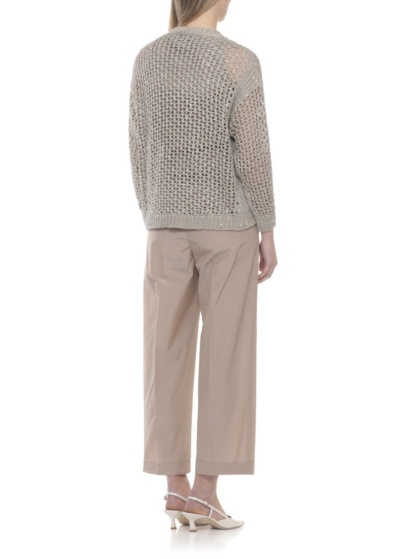 Panicale Beige Perforated Sequin Cotton Sweater