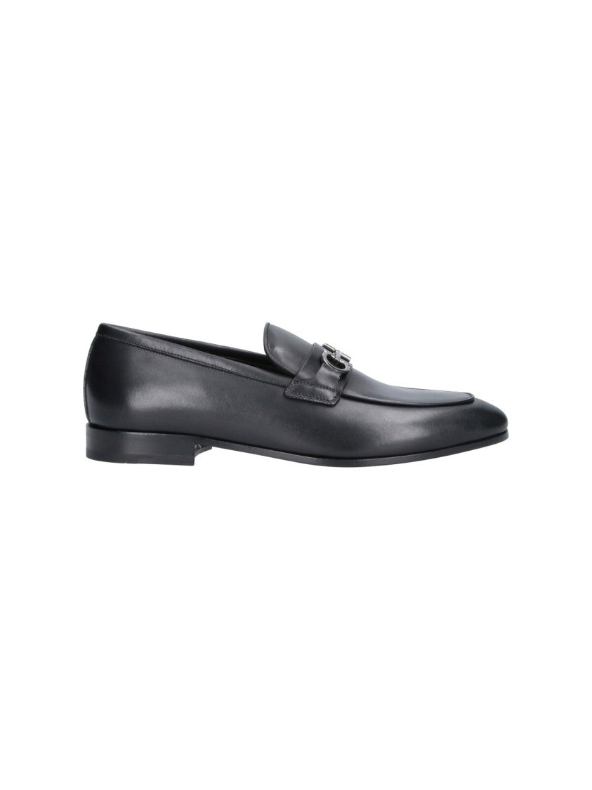 Ferragamo Black Gancini Round Toe Leather Loafers