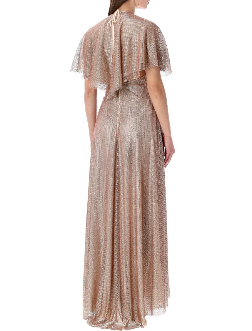Alberta Ferretti Micro Strass Cape Sleeve Evening Gown