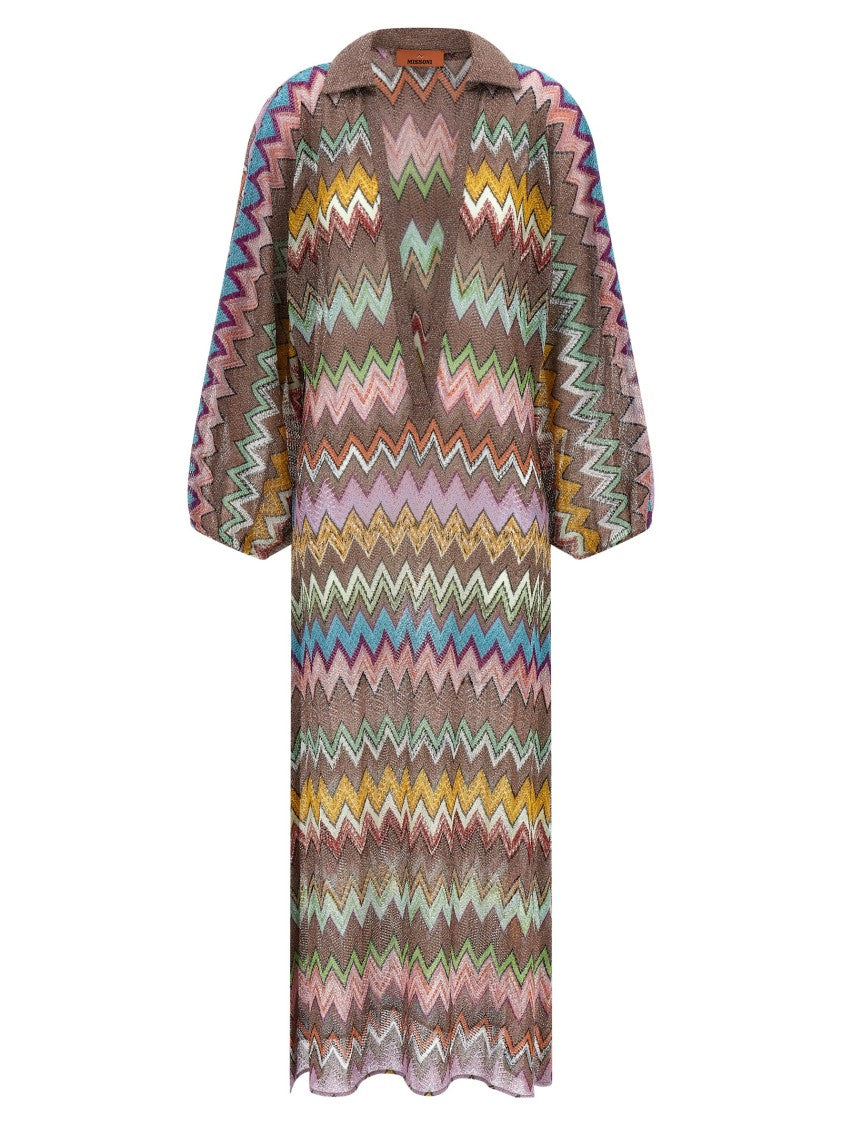 Missoni Zigzag Knit Lamé Midi Dress With Puff Sleeves