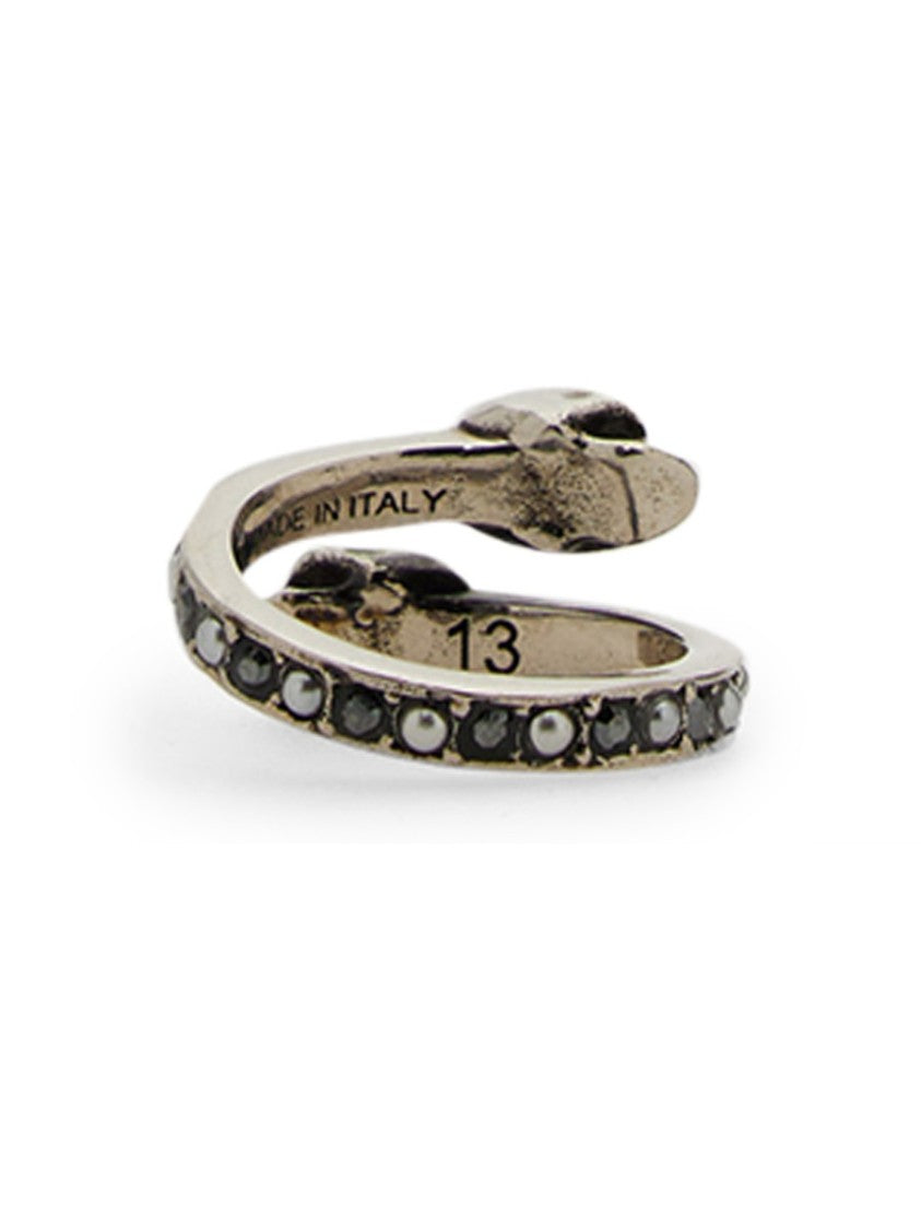 Alexander Mcqueen Twin Skull Intricate Dark Stones Brass Ring