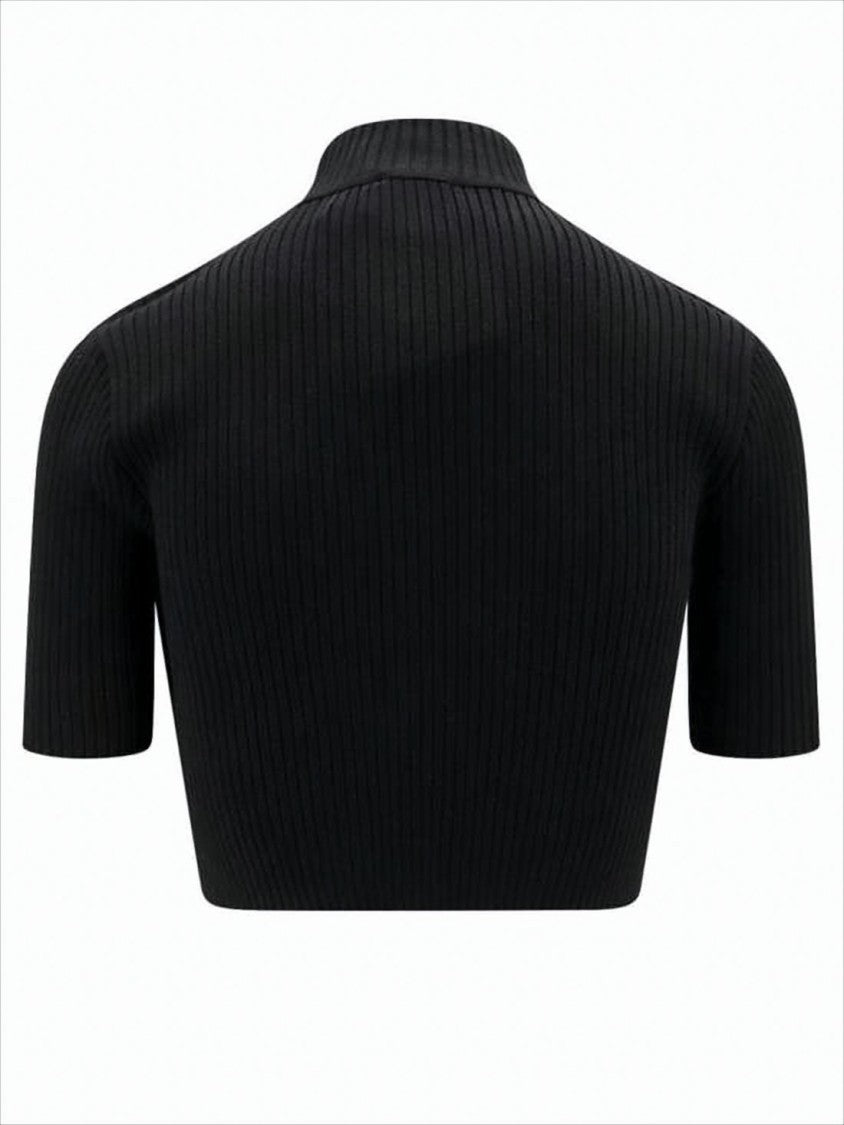 Courrèges Ribbed Black Crop Top With High Neckline