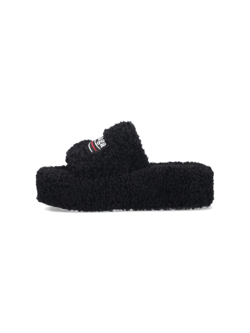 Balenciaga Black Furry Fabric Slides Sandals