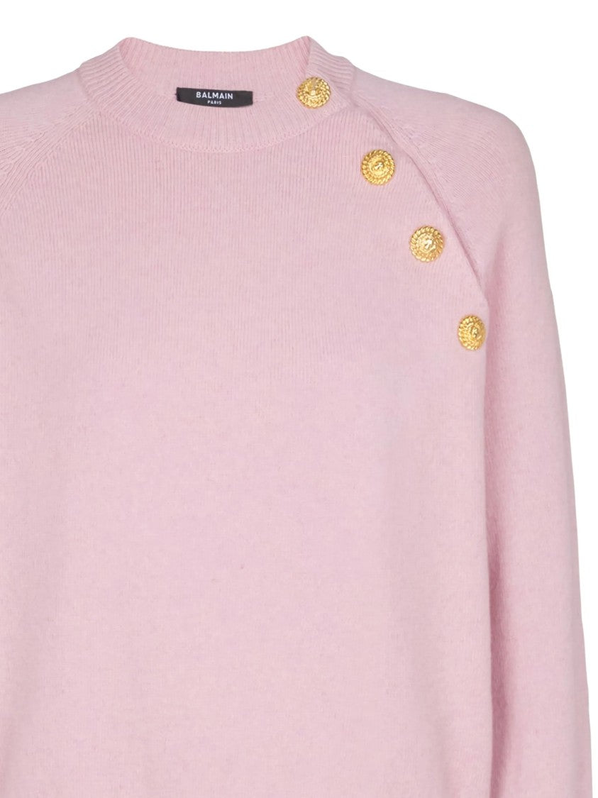 Balmain Cropped Pink Decorative Gold Button Sweater