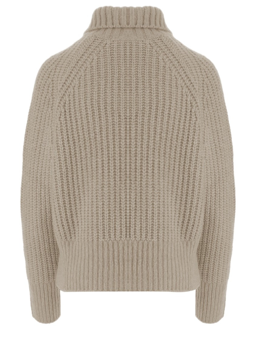 Allude Beige Zip Turtleneck Cashmere-Silk Sweater