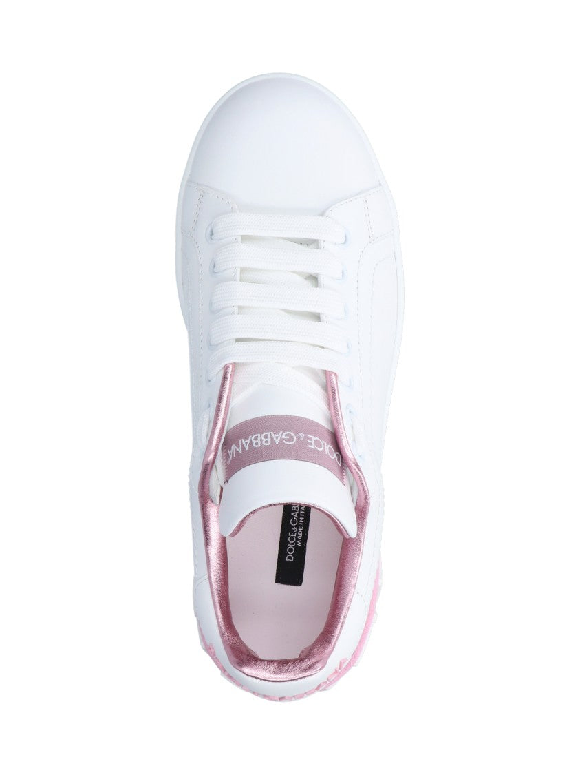 Dolce & Gabbana Smooth White Calf Leather Sneakers With Contrasting Logo Details