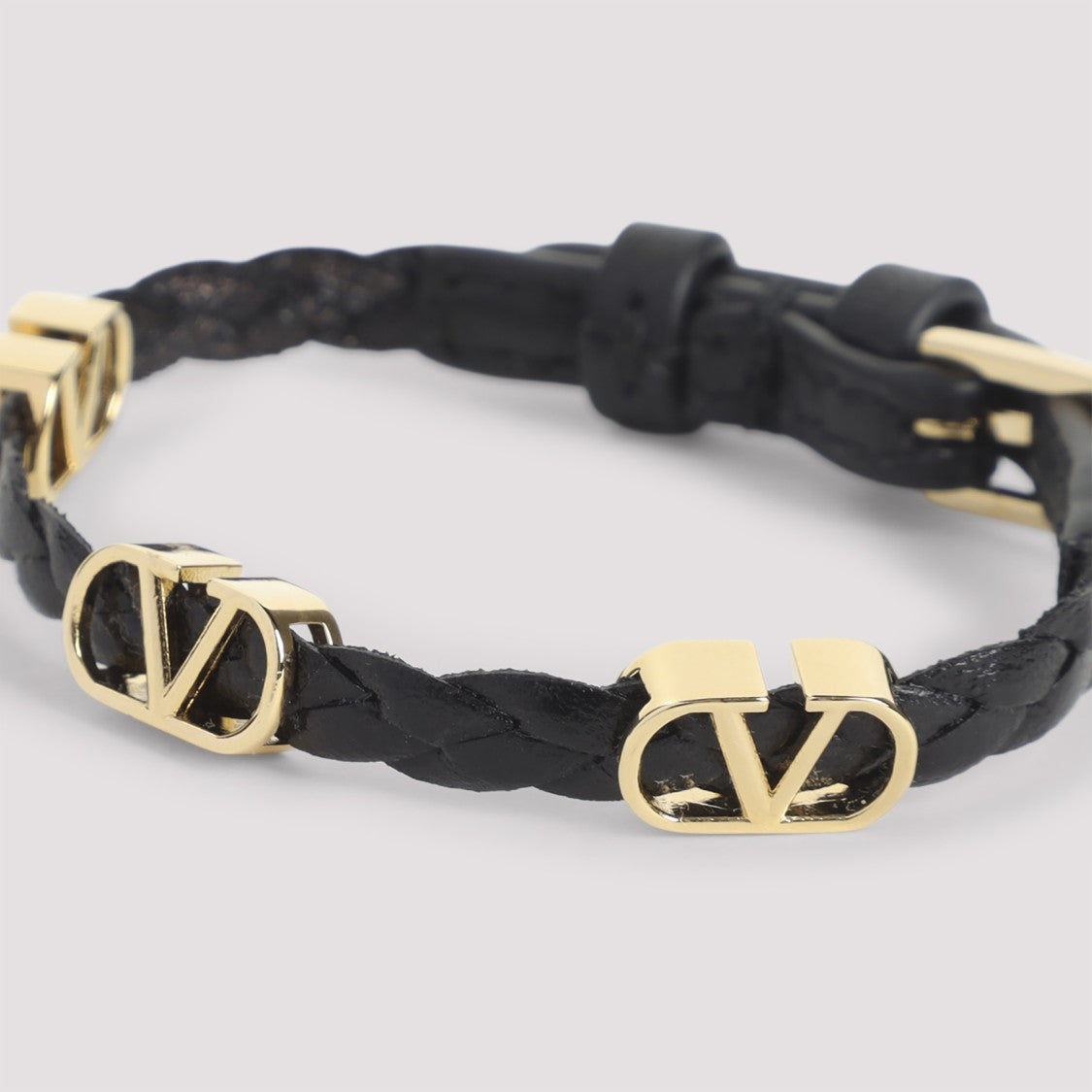 Valentino Garavani Braided Leather Bracelet With Polished Metal Accents