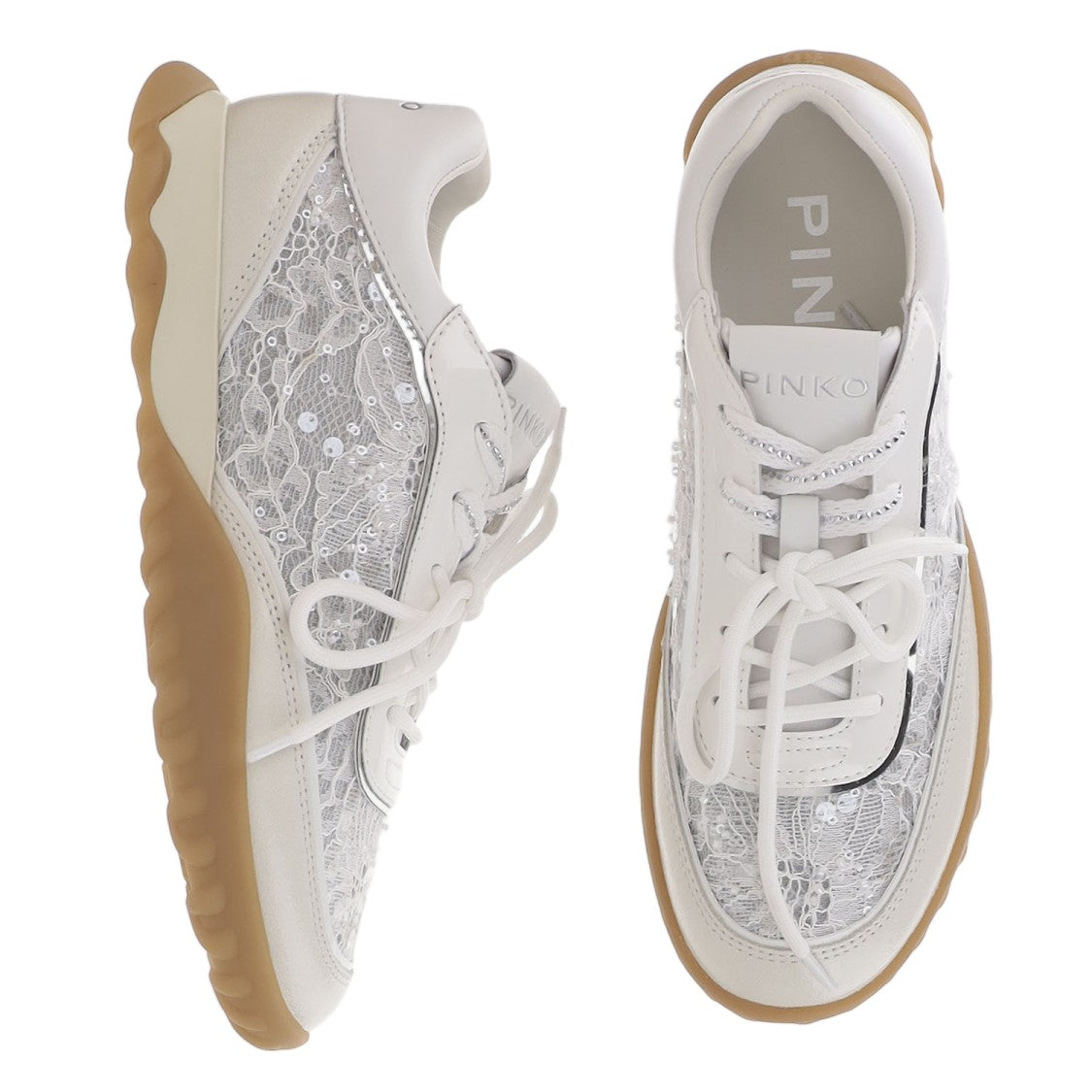 Pinko White Leather Mesh Detailed Low-Top Sneakers