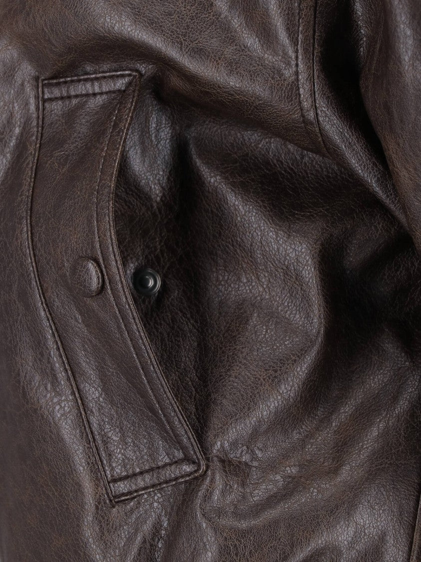 Low Classic Brown Detachable Faux Fur Collar Faux Leather Bomber Jacket