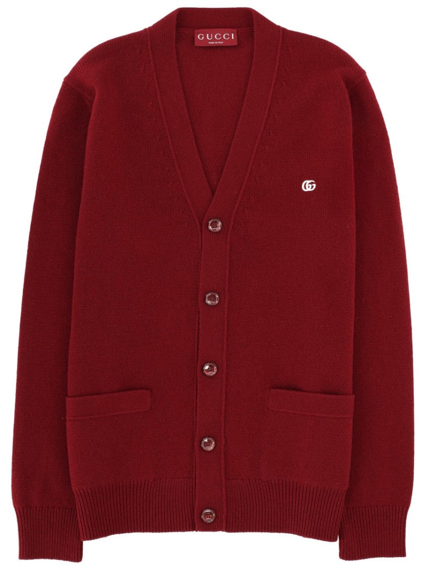 Gucci Burgundy Cardigan With Deep V-Neck And Embroidered Logo