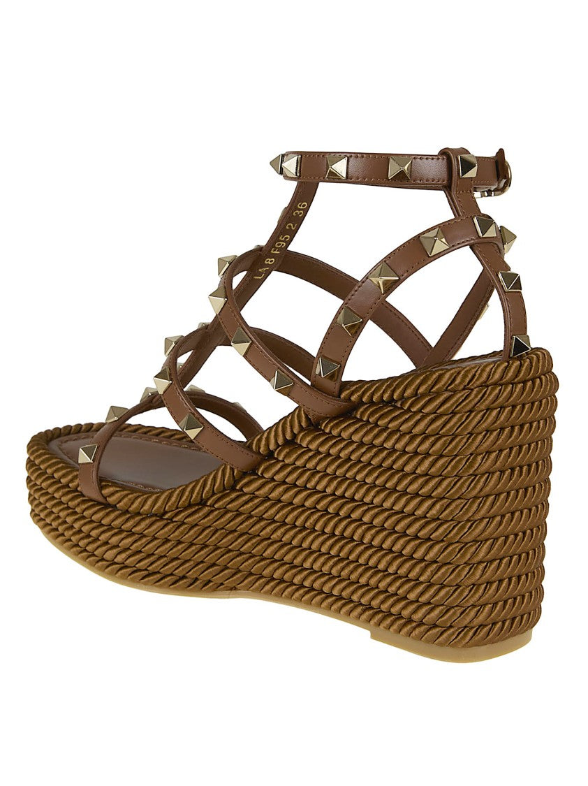 Valentino Garavani Rockstud Calfskin Raffia Torchons Wedge Sandals