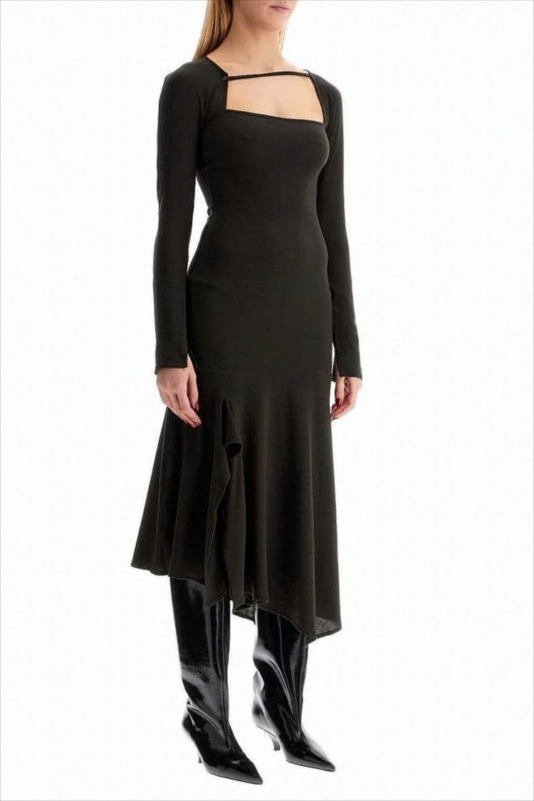Paloma Wool Fitted Black Midi Dress With Asymmetrical Hem And Square Neckline