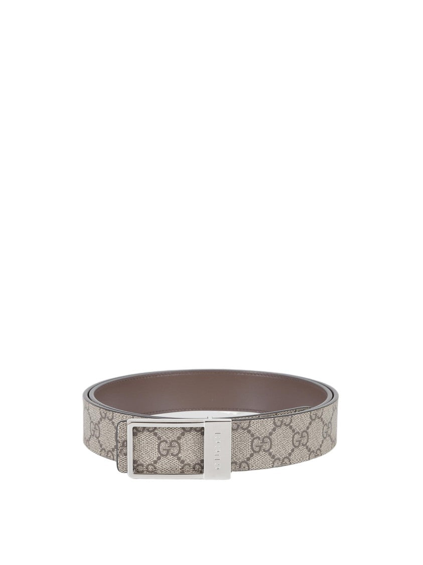 Gucci Monogram Patterned Mbelt With Rectangular Silver Buckle