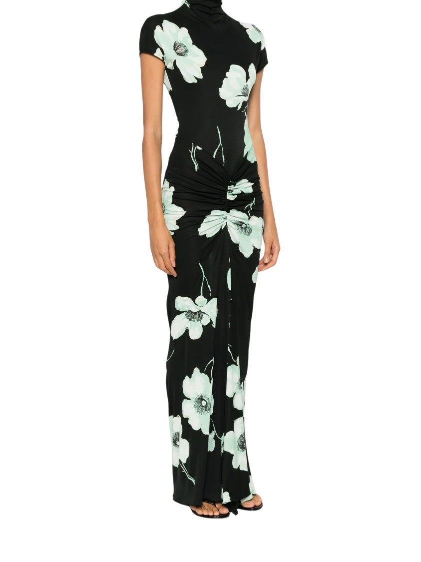 Alaïa Black Jersey Draped Sakura Printed Midi Dress