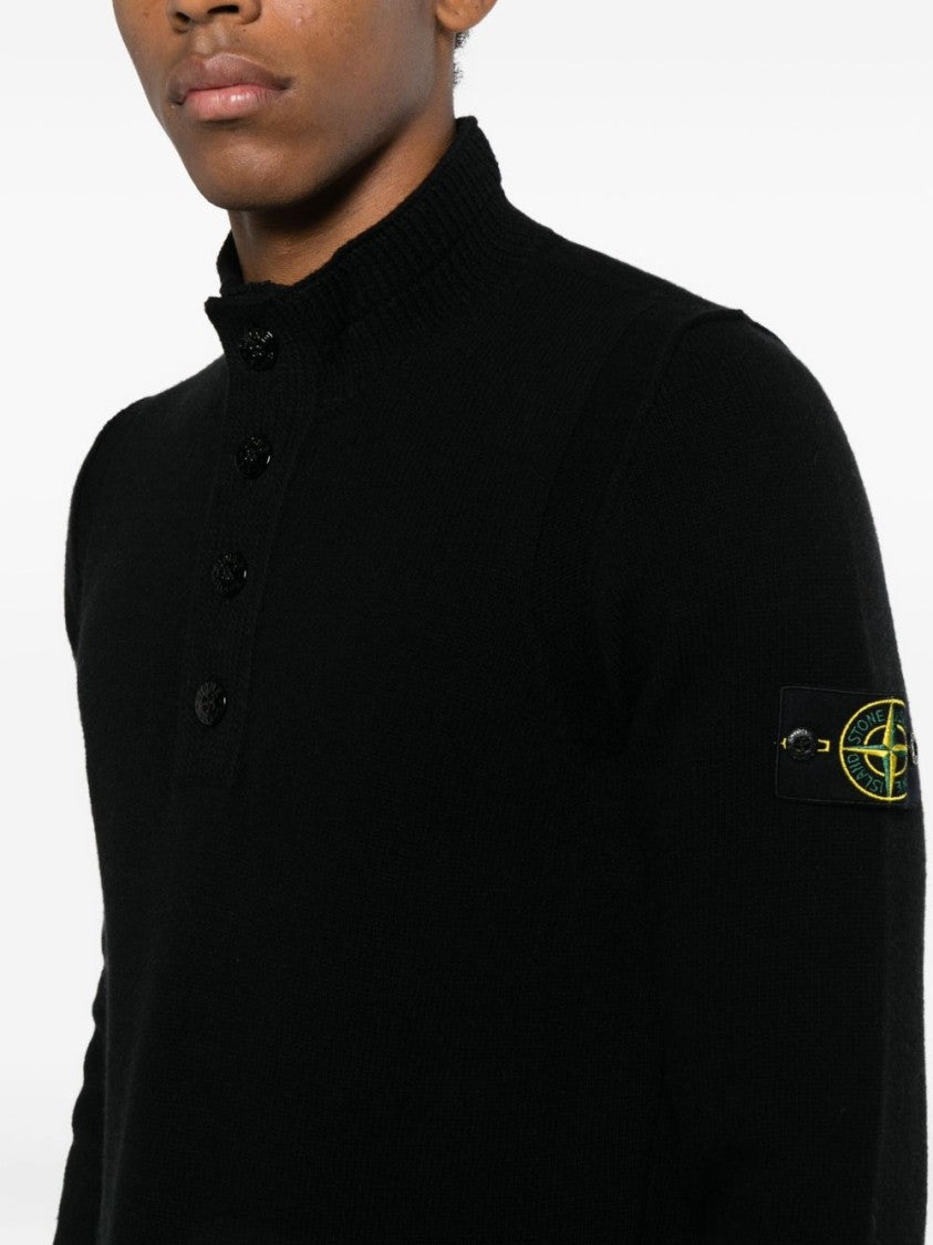 Stone Island Black Long-Sleeve Knit High Collar Top