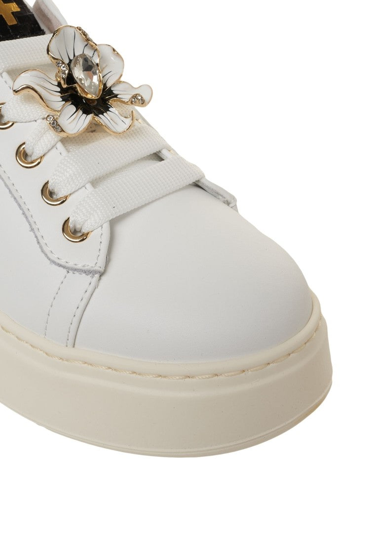 Gio+ White Leather Sneakers With Sparkling Snake-Effect