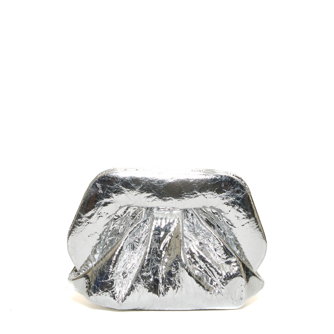 Themoirè Silver Mirror Clutch With Crinkled Texture And Compact Design