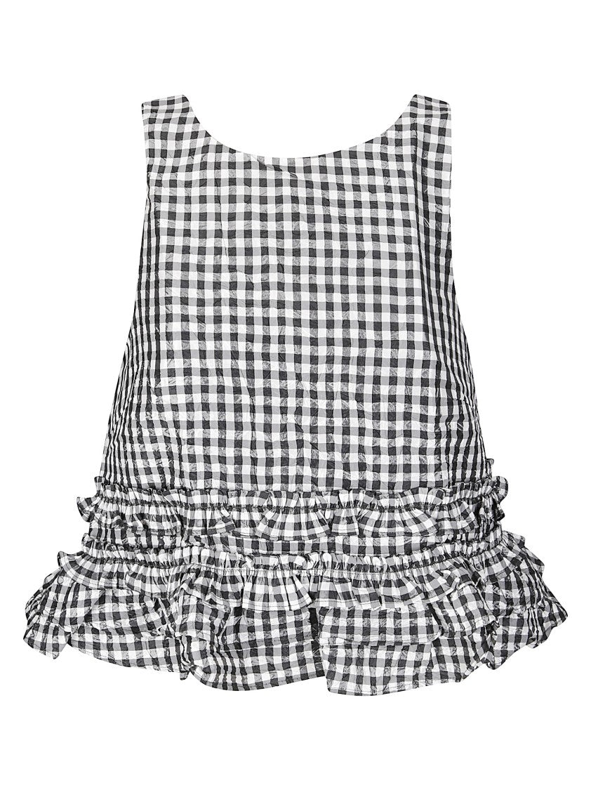 Ganni Crinkled Taffeta Gingham Top With Ruches