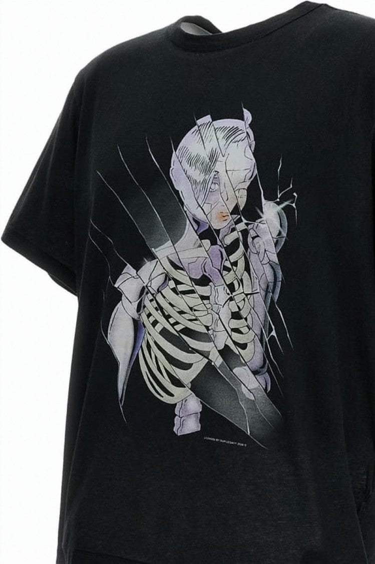 Our Legacy Cropped Black T-Shirt With Graphic Skeleton Artwork