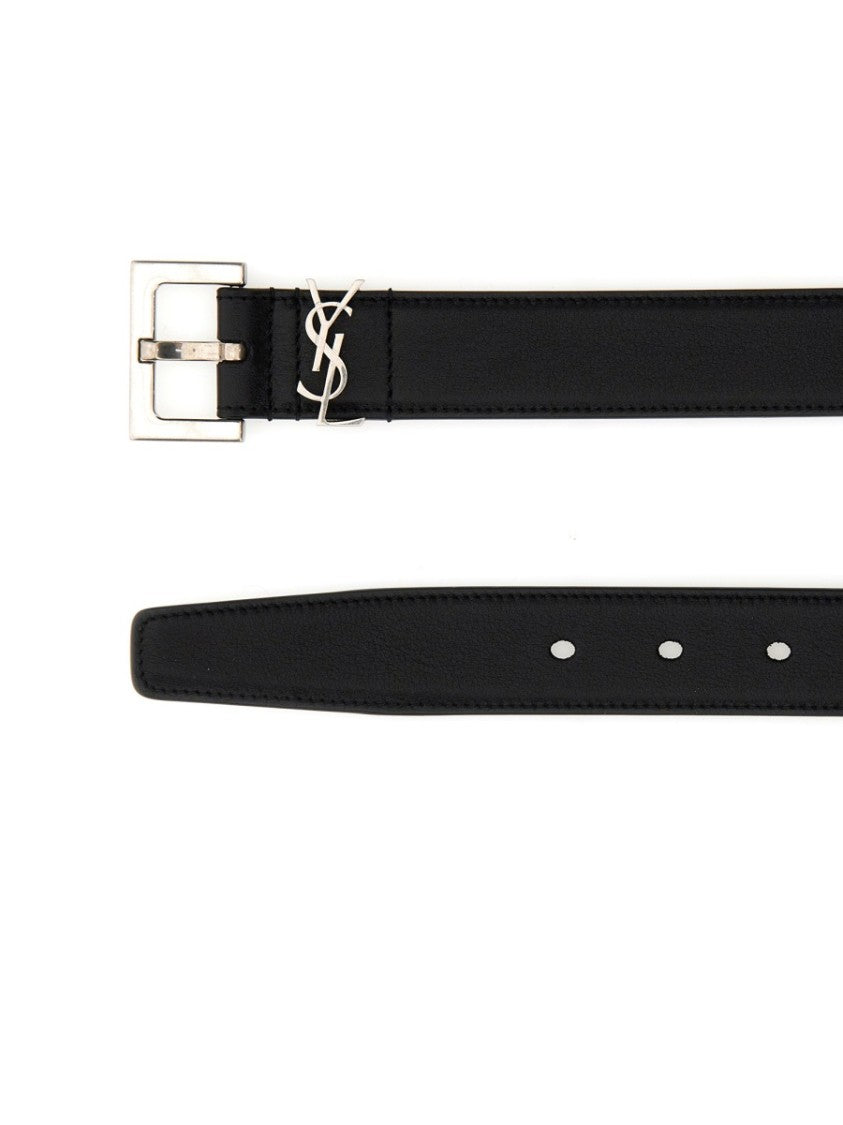 Saint Laurent Narrow Black Calf Skin Belt With Polished Buckle