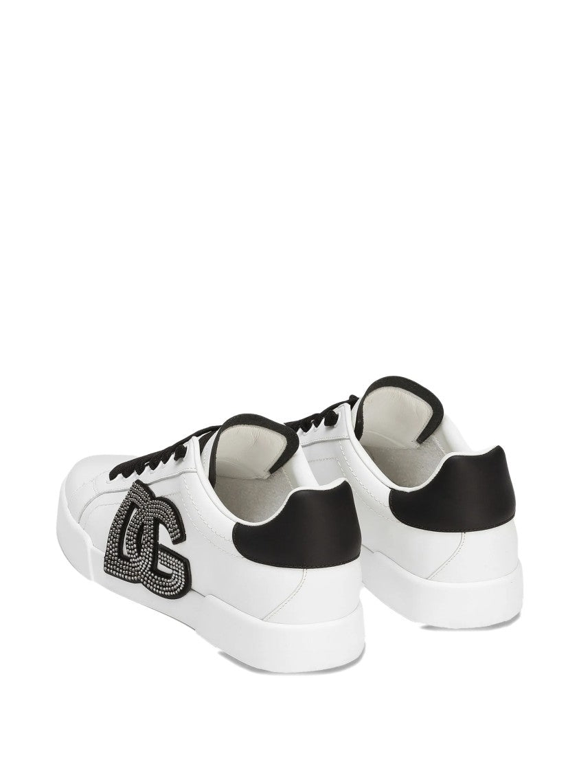Dolce & Gabbana White Low-Top Leather Rhinestone Logo Sneakers