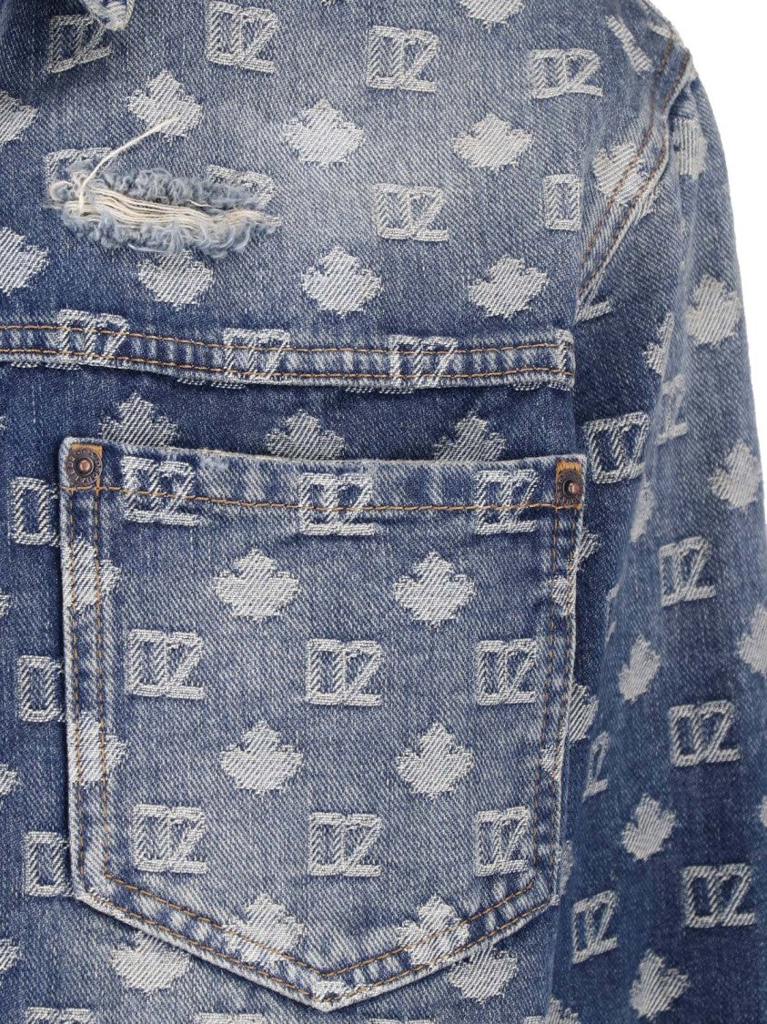 Dsquared2 Worn Wash Denim Shirt With All-Over Monogram Design