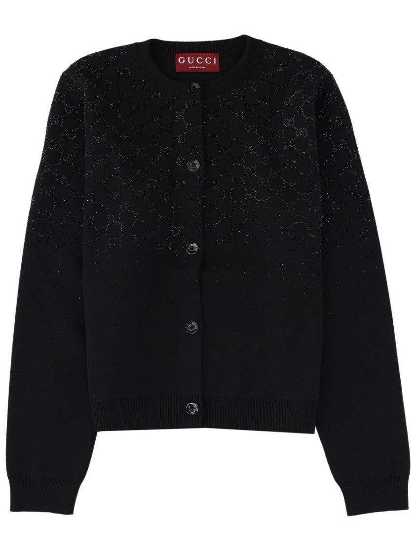 Gucci Black Cardigan With Crystal Embellishments And Fitted Ribbed Cuffs