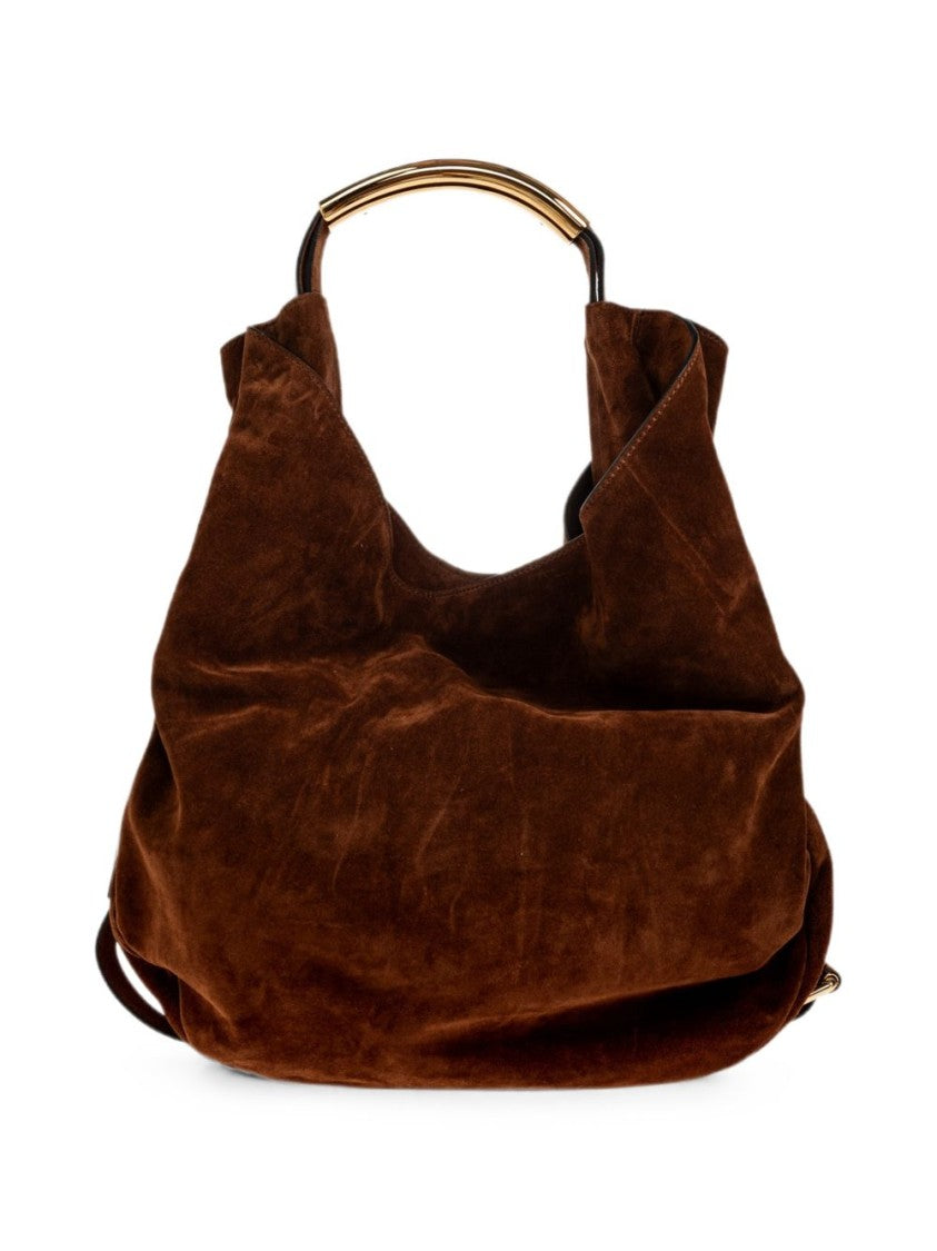 Moschino Large Suede Bag With Curved Gold-Tone Metal Handle