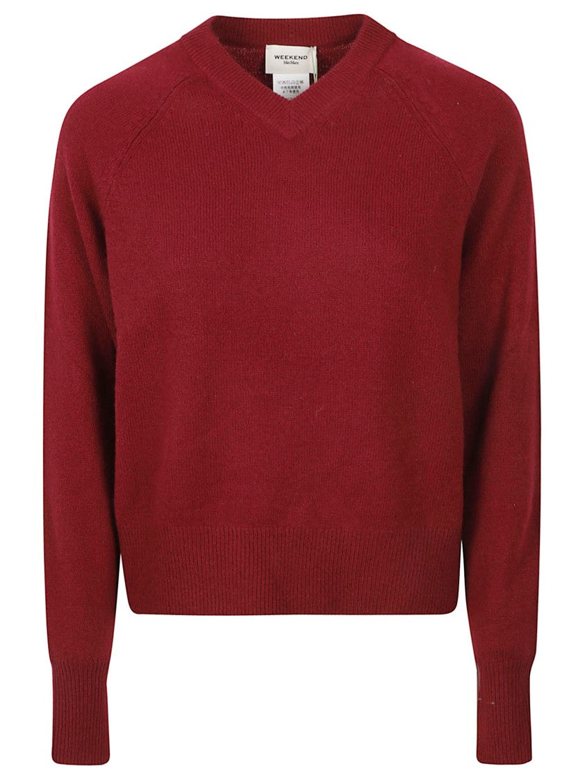 Max Mara Deep Red Cashmere Knit Sweater With V-Neckline